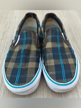 Vans Plaid Slip-On‎ Sneakers Brown Teal Checkered Low Profile Shoes